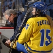 ST. CATHARINES, CANADA - JANUARY 14: Sweden equipment manager Kjell Klintberg works on the skate of Celine Tedenby #15 during warm-ups prior to semifinal round action against the U.S. at the 2016 IIHF Ice Hockey U18 Women's World Championship. (Photo by Jana Chytilova/HHOF-IIHF Images)

